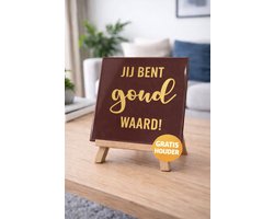 Troubadot | Tegeltje met tekst "Jij bent goud waard" | Bordeauxrood keramisch tegeltje 15x15 cm | Inclusief houten tegelhouder | Cadeau voor collega, juf, meester, vriendin of moeder