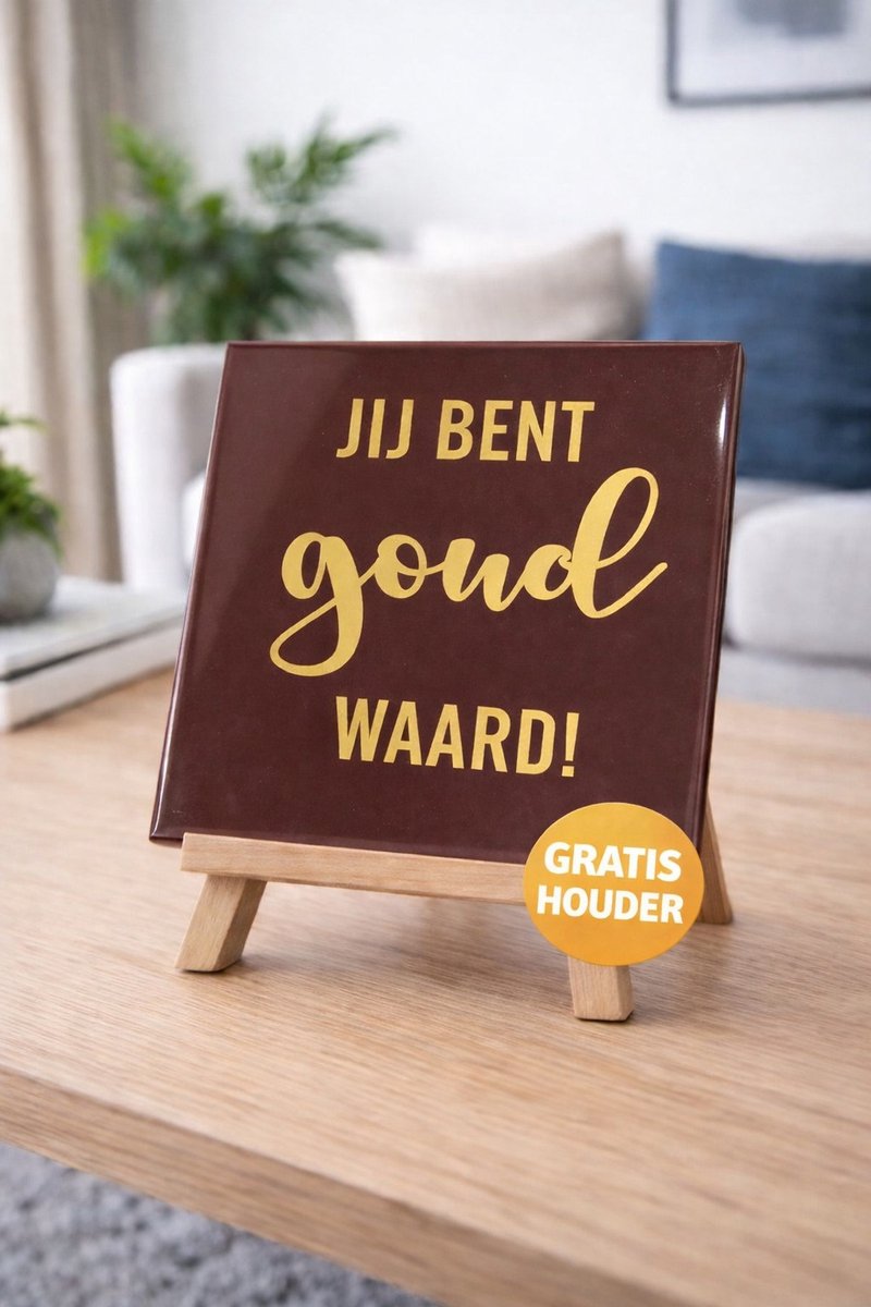 Troubadot | Tegeltje met tekst | Jij bent Goud waard | bordeaux-rood |inclusief tegelhouder spreuktegel | tegel met quote | tegeltjeswijsheden | cadeau