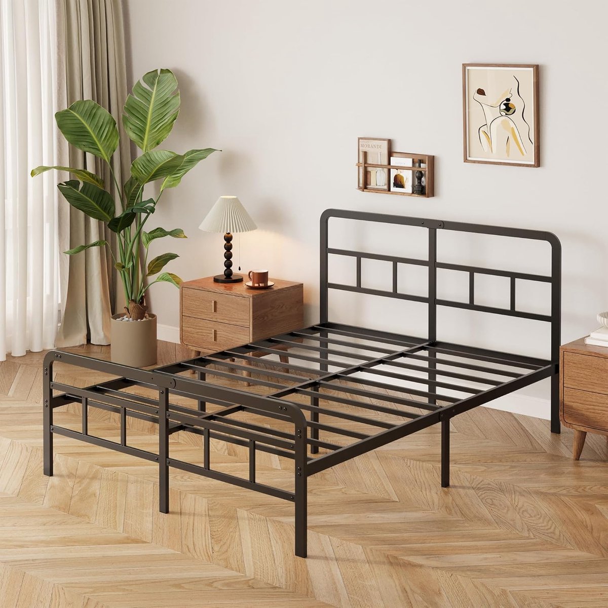 Metalen Bedframe 140x200 cm – Tweepersoons Platformbed met Gebogen Hoofdeinde en Voeteneinde – Zwaar Stalen Lattenbodem, Piepvrij & Extra Stevig tot 500 kg – Opbergruimte Onder Bed – Eenvoudige Montage
