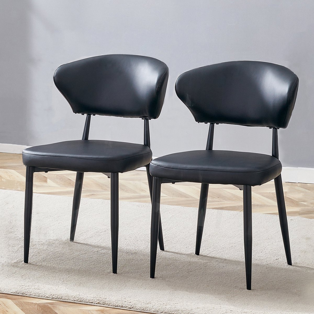 MIVRAY Eetkamerstoelen Set Van 2 - Ergonomische Gebogen Rugleuning - Voor Eetkamer - Metaal En Zwart Kunstleer