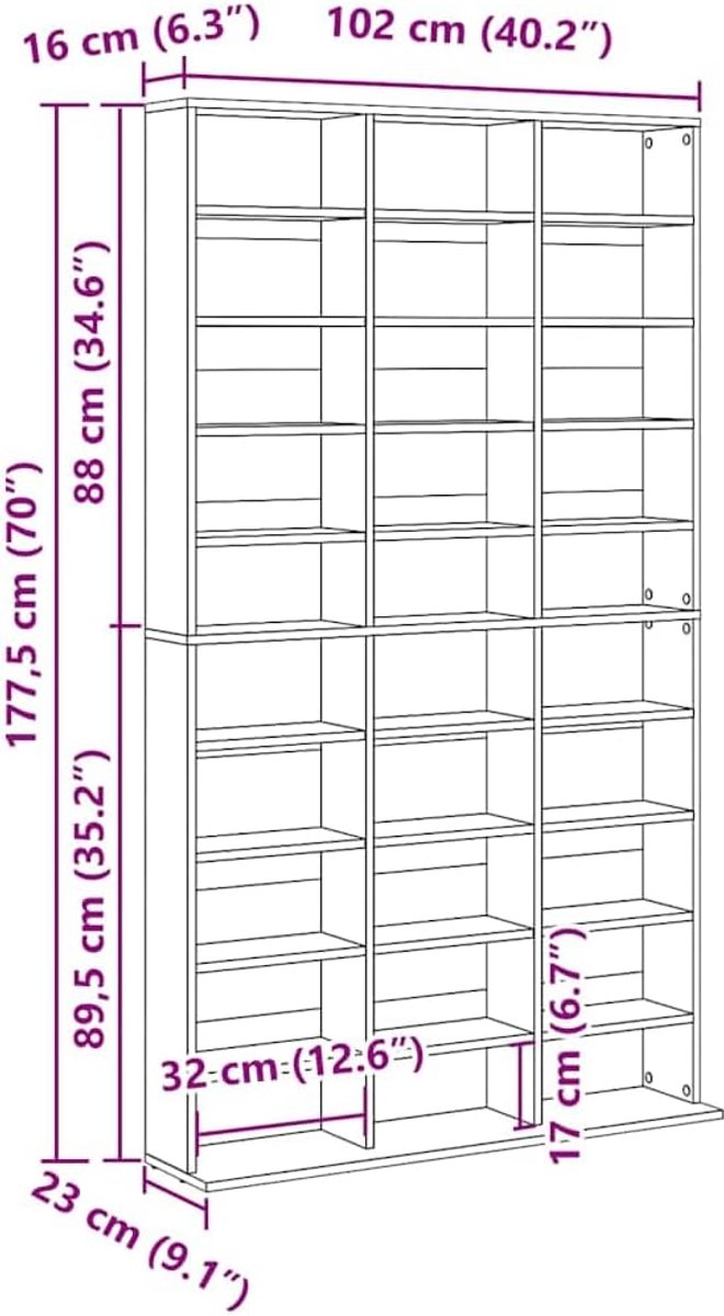 Boekenkast Opbergkast – ABTkantoor 177,5 cm Mediarek Betongrijs – Smalle Boekenkast & Staande Plankenkast met 30 Vakken – Wand CD/DVD Opslag Kast 102x16x177,5 cm