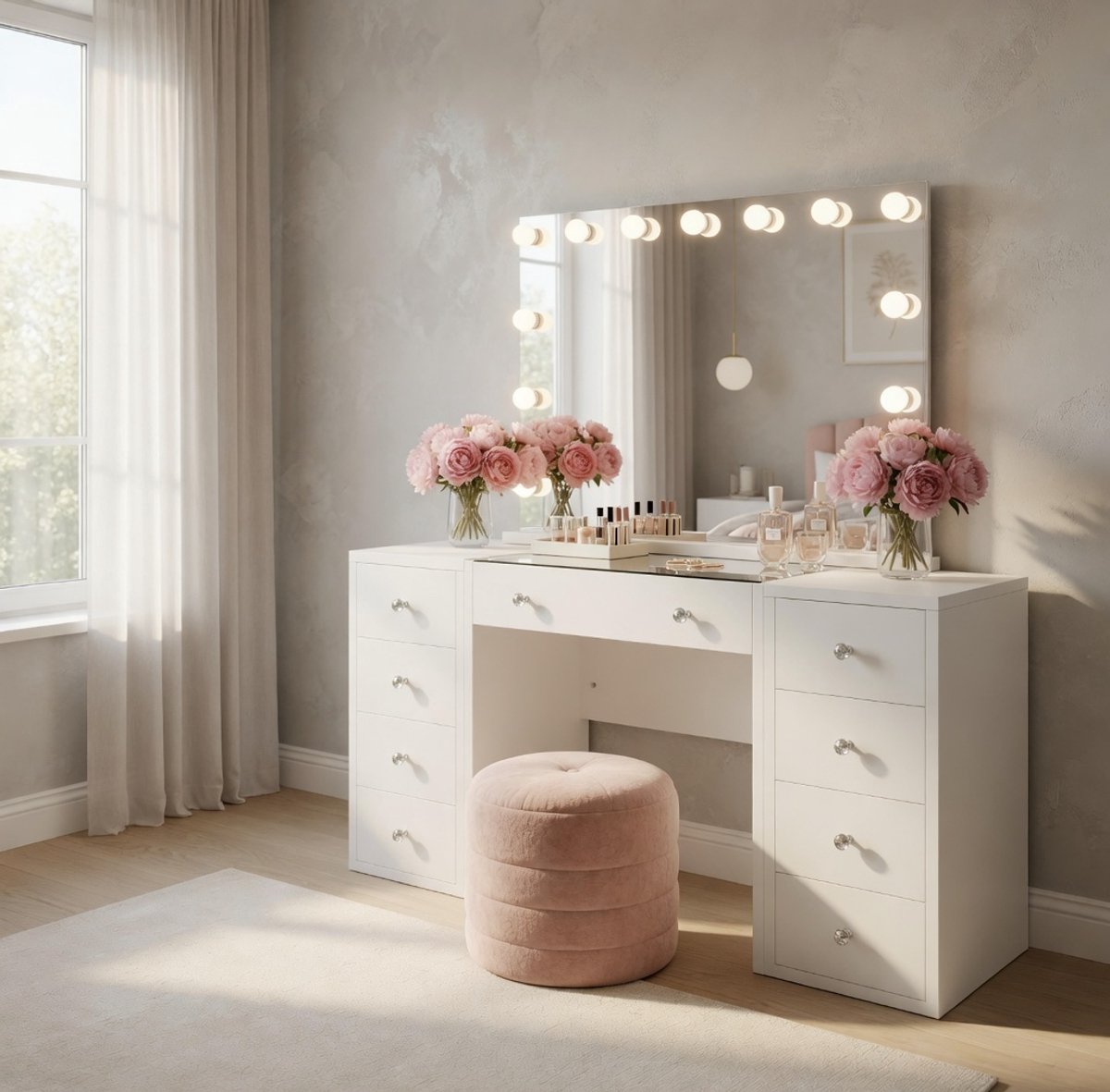 Luxe Hollywood Make-up Tafel met LED Verlichte Spiegel, Glasplaat en USB Oplaadpoort – Dimbare Kaptafel / Kaptafel met Spiegel en Verlichting – Wit – Medahomestore