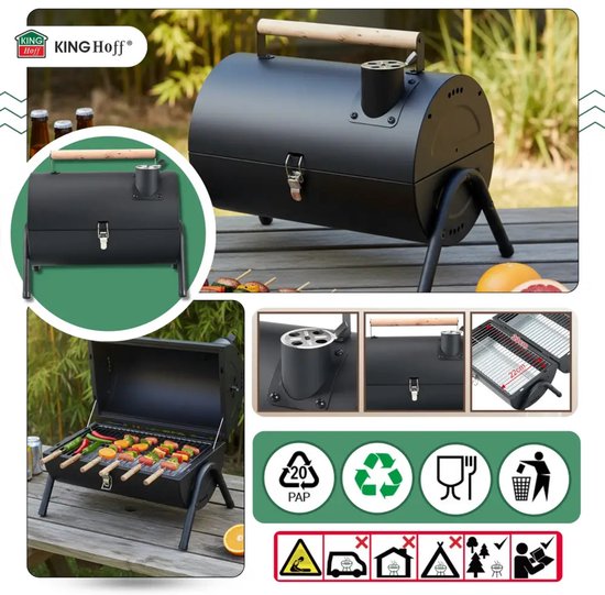 KINGHoff Grill - Draagbare Houtskoolbarbecue Grill - Camping BBQ met Deksel - Opvouwbare Tafelgrill - Reis BBQ met Ventilatie - Compacte Barbecue voor Balkon & Camping - Gepoedercoat Staal - ca. 41 x 25 x 38 cm - Zwart van Merkloos — afbeelding 2