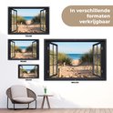 Poster met afbeelding van een strand met duinen en de zee, getoond in meerdere formaten: 120x80, 90x60, 60x40 en 180x120 cm.