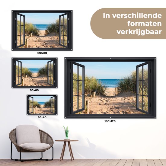 Poster met afbeelding van een strand met duinen en de zee, getoond in meerdere formaten: 120x80, 90x60, 60x40 en 180x120 cm.