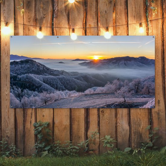 Tableau jardin d'hiver - Montagnes - Affiche jardin - Toile jardin - Hiver - Soleil - Soir - Décoration de jardin - 200x100 cm