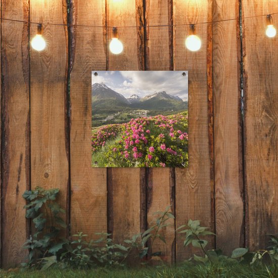 Posters de jardin Prairie fleurie - Montagnes - Rose - 50x50 cm - Toile jardin - Affiche extérieure