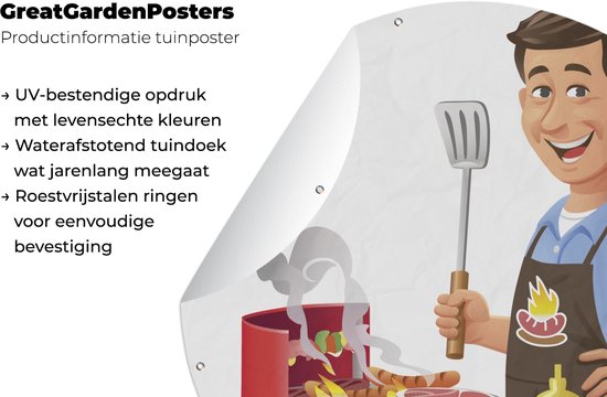 Tuincirkel Een illustratie van een man die het eten bakt op de barbecue - 90x90 cm - Ronde Tuinposter - Buiten