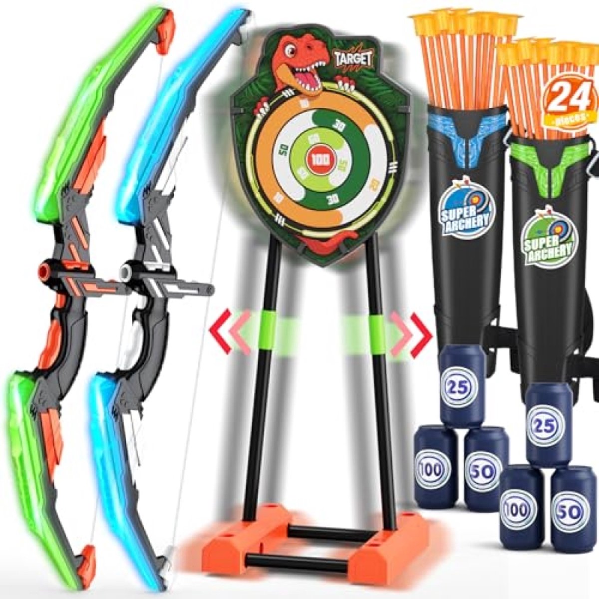 2-Pack Pijl en Boog Set met LED-verlichting voor Kinderen - 24 Zuignappijlen, Verstelbaar Staand/Hangend Doel, 6 Score Schijven, Draagkokers - Indoor/Outdoor Sportspel 4-12 Jaar