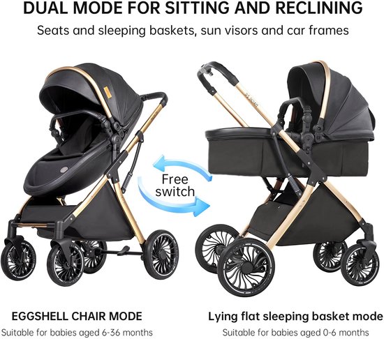 Deluxe 3-in-1 Kinderwagen - Volledig Reissysteem met Wieg & Autostoel - Veilig en Comfortabel - Zwartgoud van Merkloos — afbeelding 5