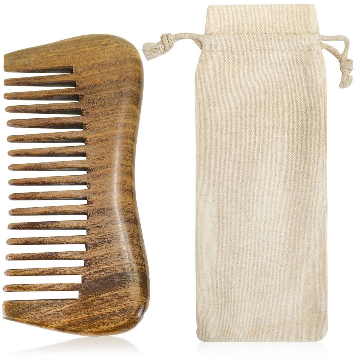 JHUBERS- Houten Kam 12 cm - Massagekam van Natuurlijk Sandelhout - Kam met Brede Tanden - Opbergtas - Antistatisch - Geschikt voor Alle Haartypes - Haarborstel