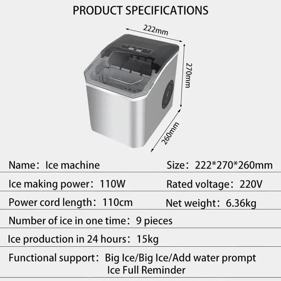 LUMÉ STORE IJsblokjesmachine - IJsmachine - IJsblokjesmaker Met IJsschep - IJsblokjes - Zelfreinigingsfunctie - 1.3 L - 220V - RVS — afbeelding 5