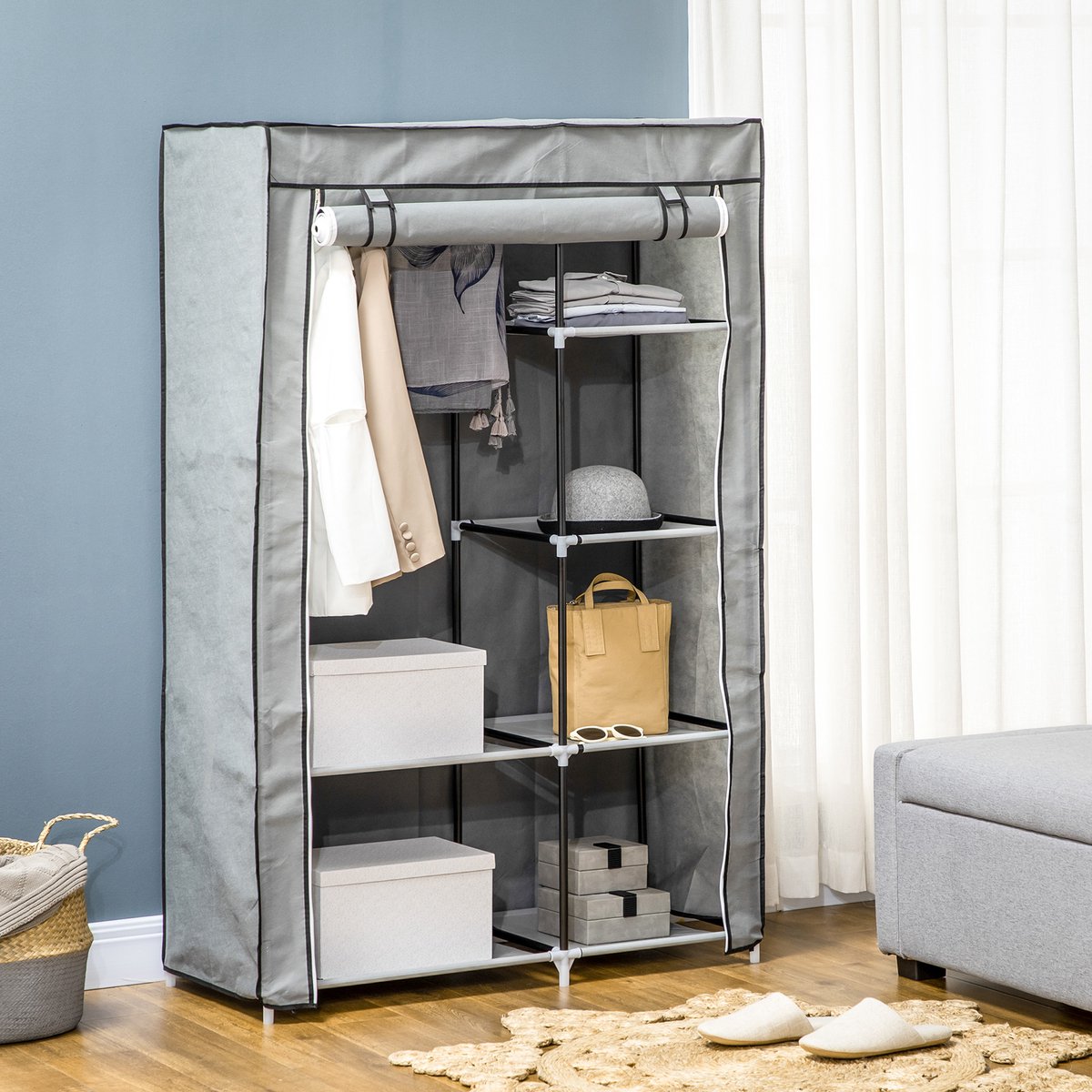 REDOM Kledingkast - Met Hangstang en 6 Planken - Modern - Voor Slaapkamer of Wasruimte - Stof - Grijs - 103 × 43 × 162,5 cm