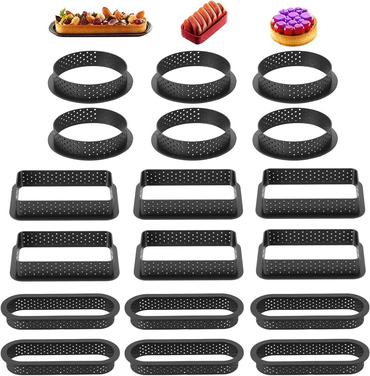 Set van 18 taartvormpjes, perforated ovale en ronde bakvormen met ventilatiegaten, anti-aanbaklaag en hittebestendig, perfect voor het bakken van mousse taarten en zelfgemaakte taarten, ideaal voor patisserie en bakplezier