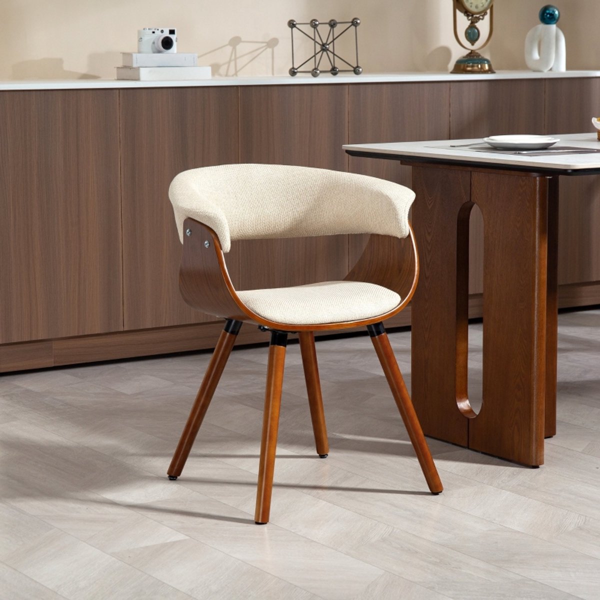 MODFU Eetkamerstoel - Gebogen Rugleuning - Stoffen Bekleding - Modern - Voor Eetkamer - Polyester - Beige - 62 x 55 x 75 cm