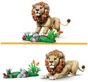 Twee LEGO leeuwen modellen. Een staande leeuw met bruine manen en een liggende leeuw, beide op groene ondergrond met bloemen.