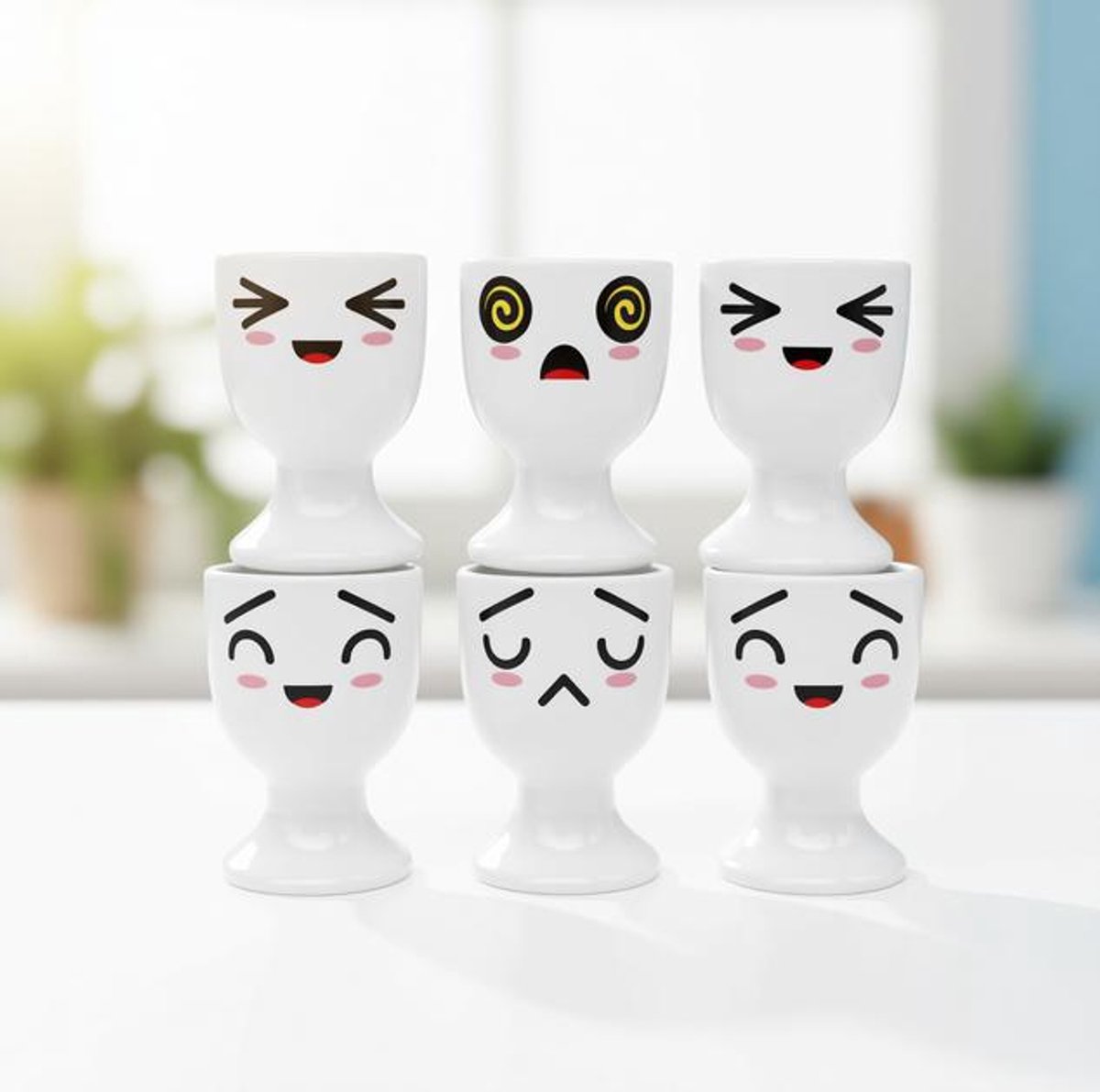 ElleMooi Set van 6 eierdopjes, eierhouders, eierstandaard, wit met gezichtsdecoratie, porselein, 6,5 x 5 cm