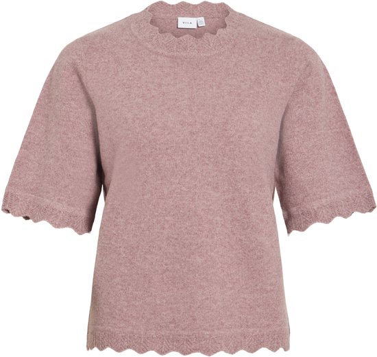 Pull tricot rose à col rond et manches courtes à bords festonnés.