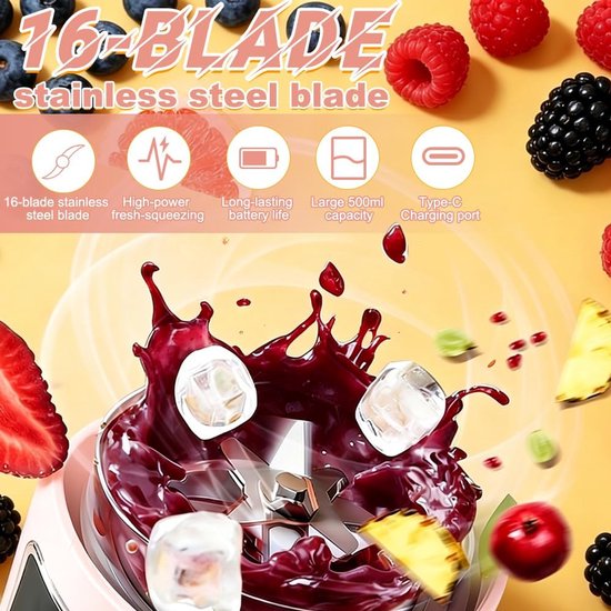 Draagbare mixer - Smoothie maker - Verse sappen maken - 16-blads snijkop - 500 ml - Roze — afbeelding 4