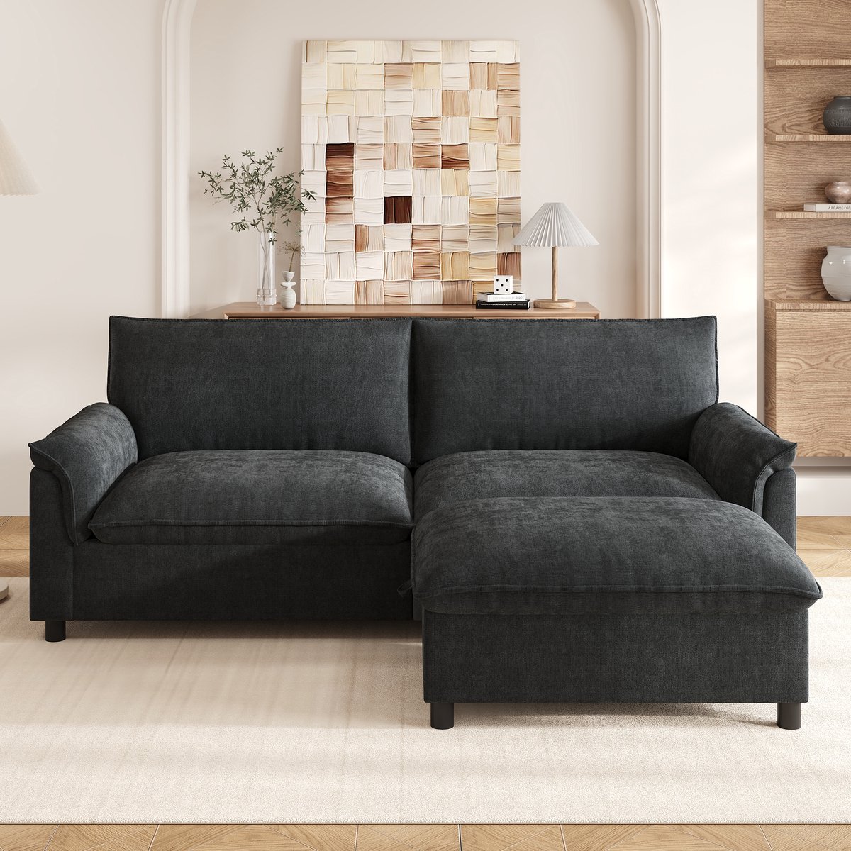 MIVRAY Hoekbank 216 x 77 x 82 cm - Modulaire Slaapfunctie Met Opberghocker - Voor Woonkame