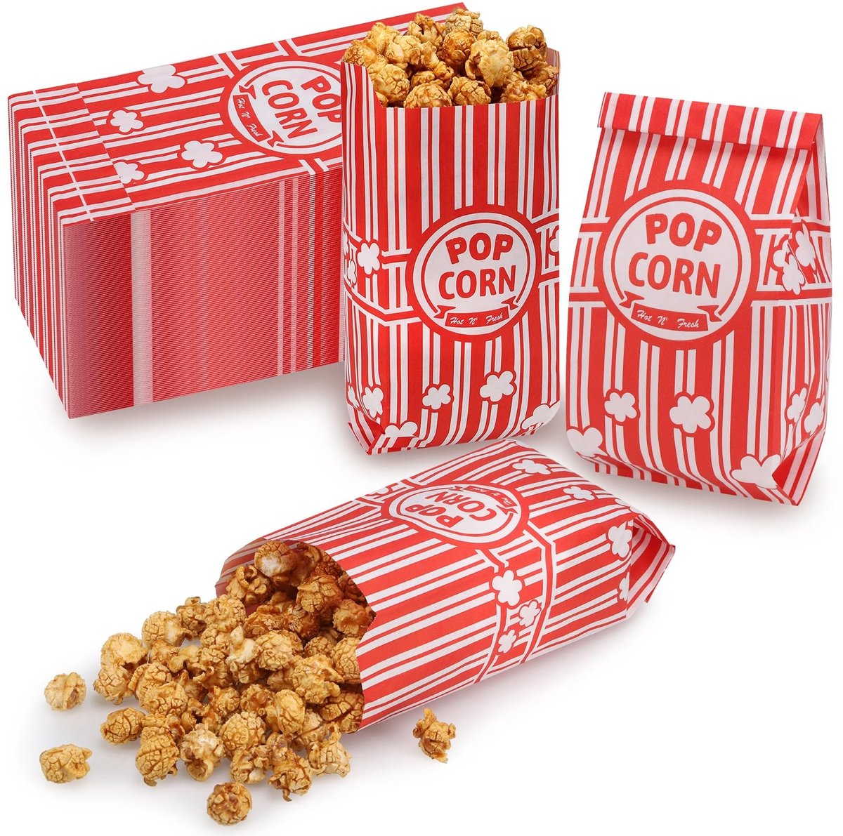 Dailygoods- Popcornzakjes 100 stuks - Oliebestendig Papier - Kleine Snacks Containers - Rood Design - Perfect voor Feest - Afmetingen 21x9x6 cm - Snackzakjes