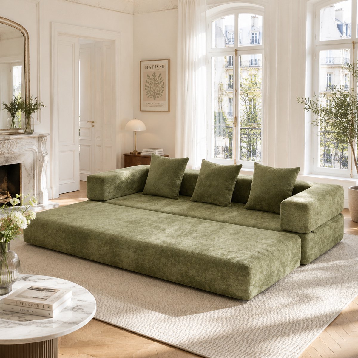 Modulaire chenille sofa blokken - vrij te combineren voor woonkamer of speelruimte - 2-6 personen - diverse kleuren - zijvakken voor opbergruimte - antislip onderkant - zachte chenille bekleding
