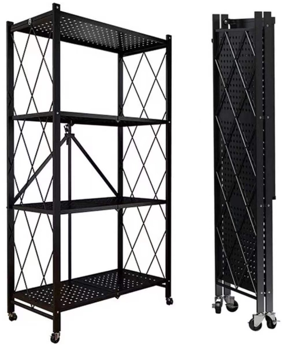 SEVEN COMFORT Inklapbaar rek, 4 etages, Met 360° wielen, 72x37x124CM, opbergrek, metalen rek met wielen, Maximale draagkracht per verdieping 20 kg, voor keuken, badkamer, woonkamer,Zwart
