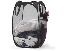 Wasmand - 1 stuk - Opvouwbare wasmand – Pop-up wasmand - Inklapbare pop-up wasmand van gaas - Voorzien van stevige handgrepen en zijvak - Draagbare, opvouwbare mand voor studentenkamers, badkamers en op reis - Zwart