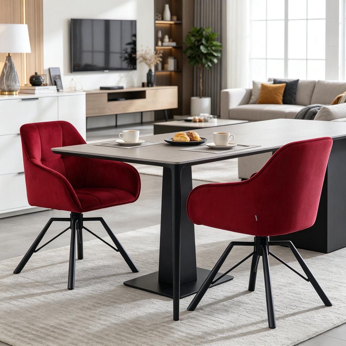 Wishdor Eetkamerstoelen - Draaibare Brede Zitting - Met Armleuningen En Rugleuning - Fluweel En Metaal - Wijnrood - Set Van 2