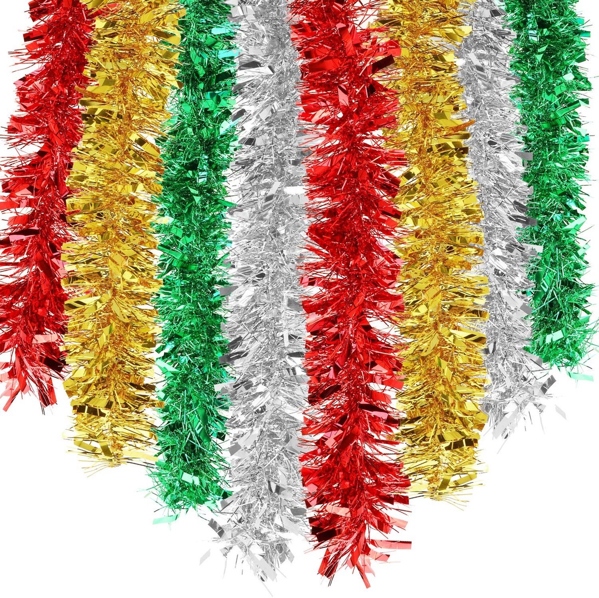 Dailygoods- Klatergoud Slinger - 8 Stuks - 14 Meter - Lametta - Rood/Zilver/Goud/Groen - Decoratie voor Kerstmis/Buiten/Feesten - Kerstversiering