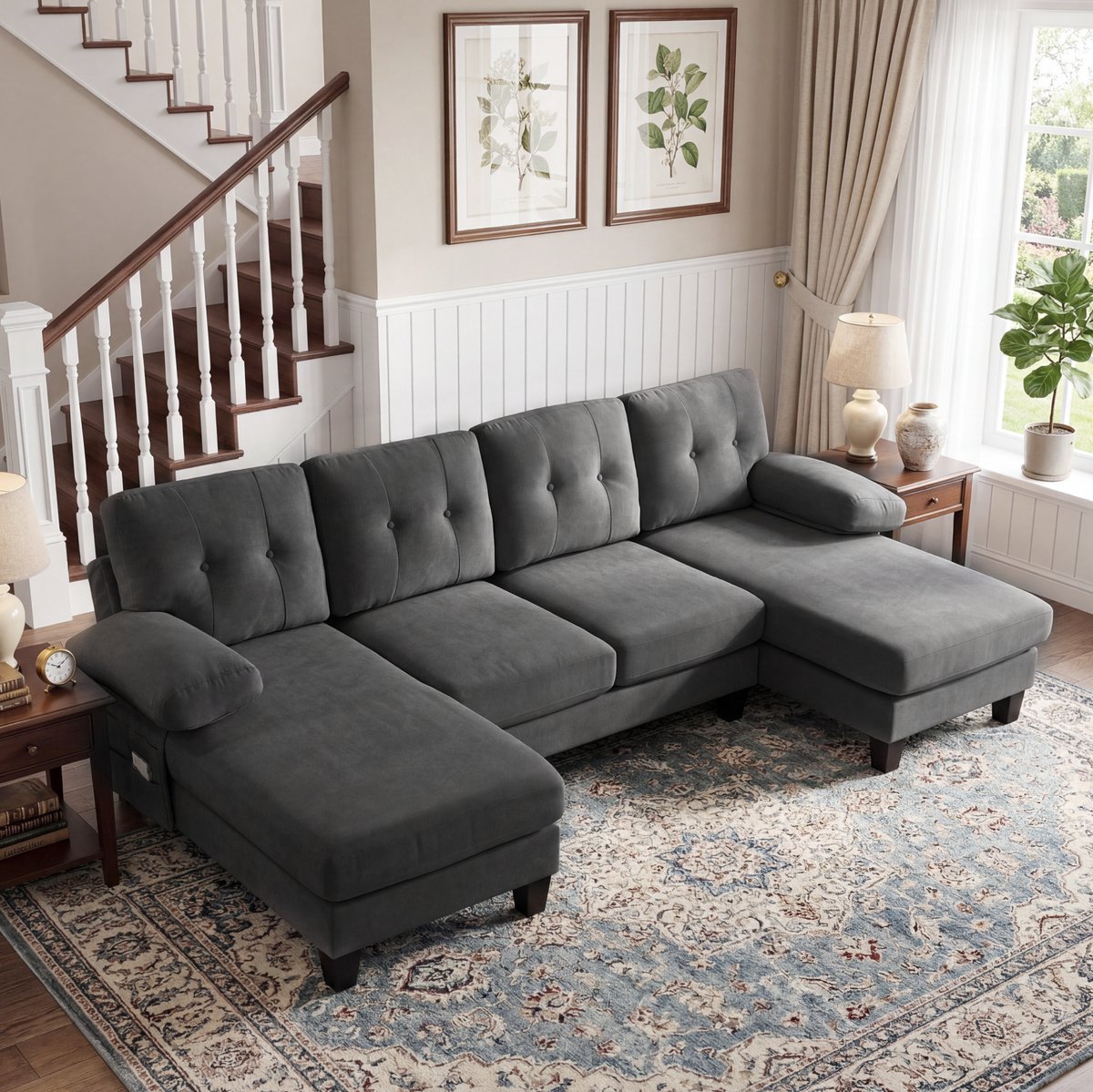 FloraGrace U-Bank – 4-Zits Slaapbank Met Dubbele Chaise Longue, Verstelbare Rugleuning & Opbergtassen – Voor Woonkamer Of Kantoor – Chenille – Grijs