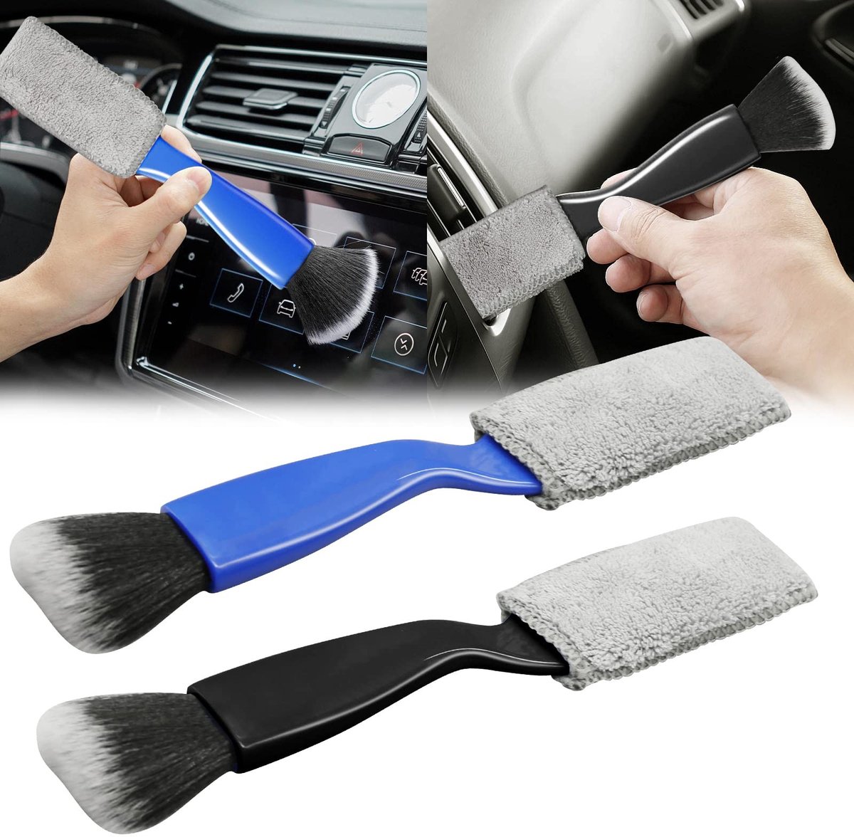Dailygoods- Schoonmaakborstel Dubbele Kop - Auto Interieur Borstel - Dashboard Borstel - Ventilatieopeningen Borstel - Zachte Borstelharen - Comfortabele Grip - Interieurborstel