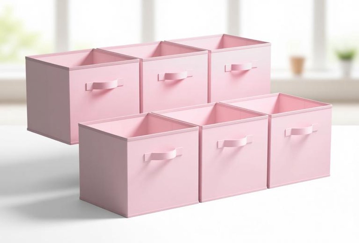 ElleMooi Stoffen Opbergkubus 27 cm - 6x Opbergdoos met Handvat - Opvouwbare Opbergbox - Roze