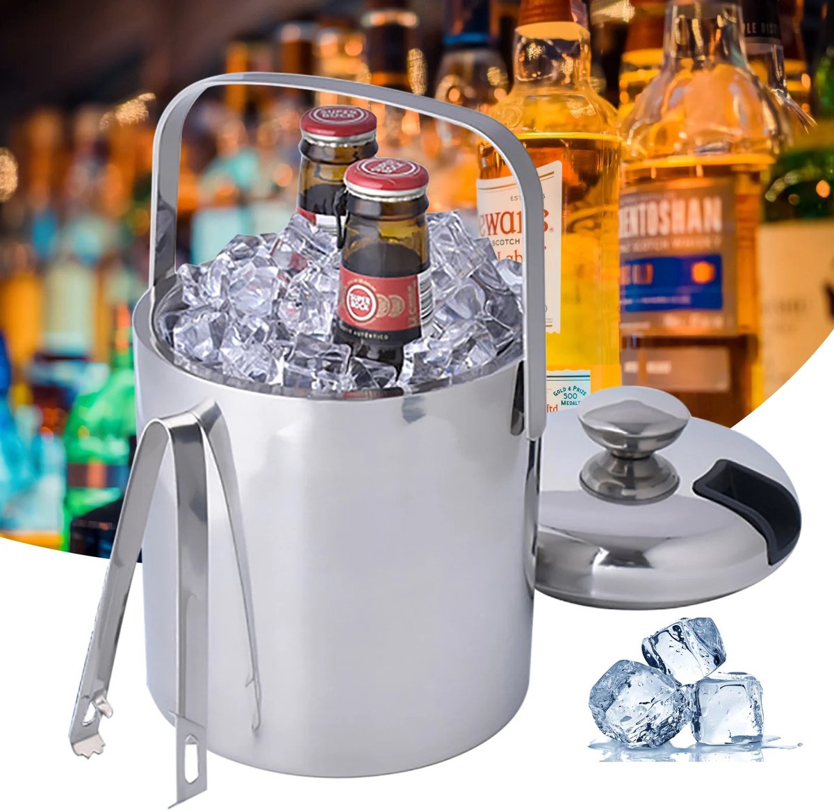 Dailygoods 1300 ml ijsemmer met grote capaciteit dubbelwandige bierdrankkoeler roestvrijstalen geïsoleerde emmer met dek