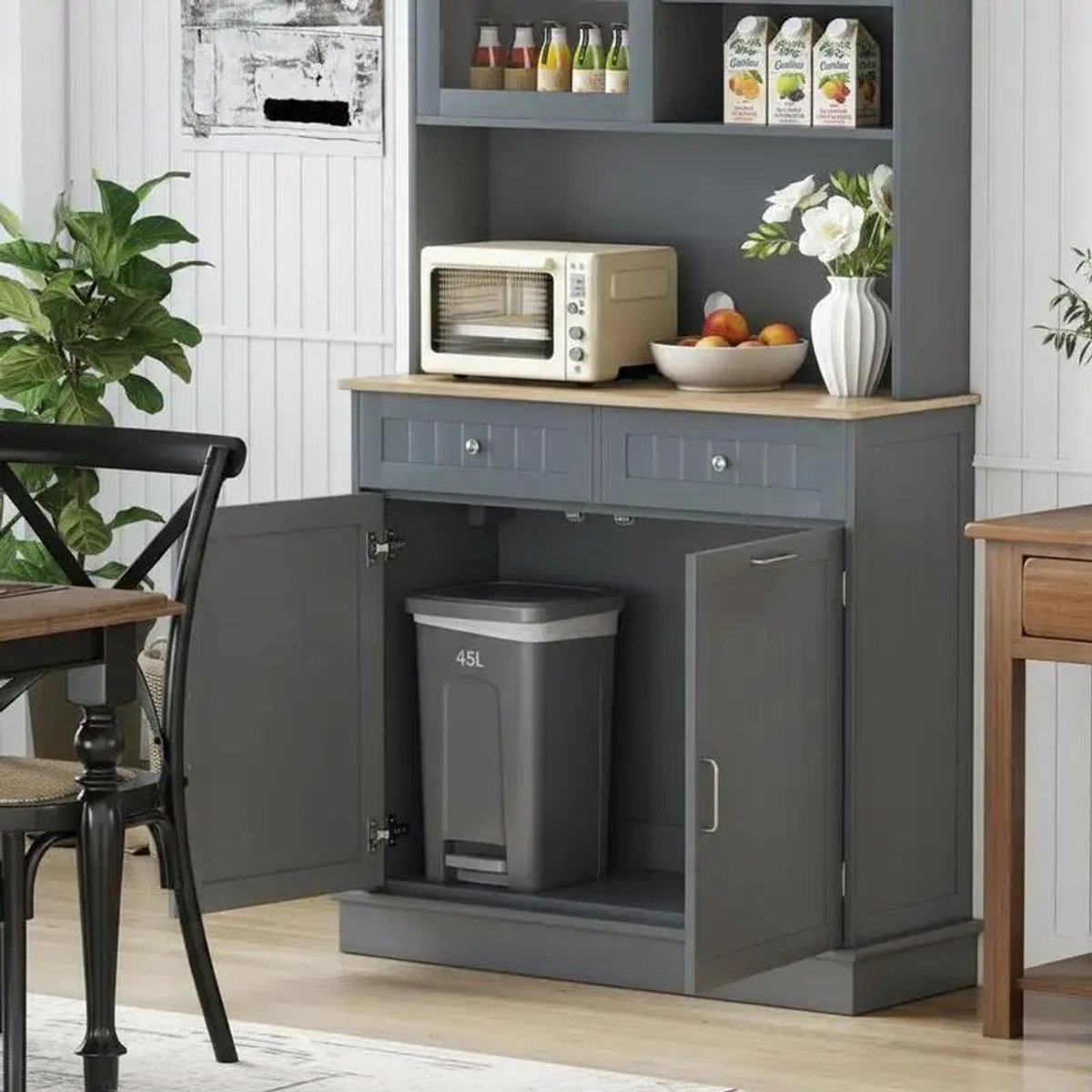 Dailygoods Keukenkast voor 45L afvalbak met 2 laden & verstelbare planken, dressoirkast, grijs