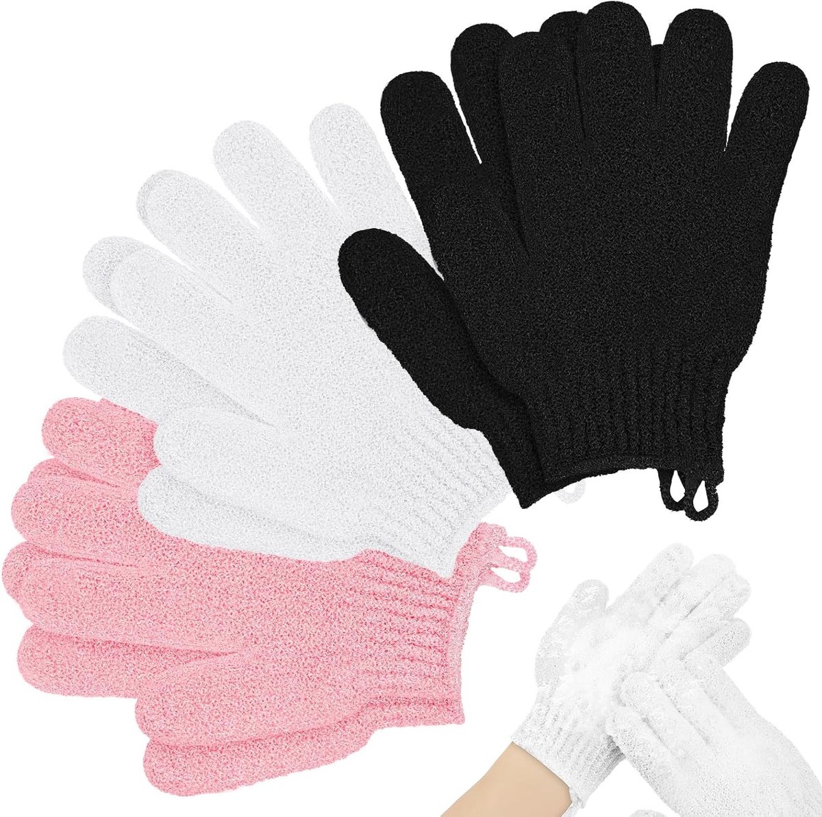 Set van 6 Peeling Handschoenen voor Lichaam, Exfoliatie en Massage, Ideaal voor Douche en Spa, Verwijder Dode Huidcellen (Zwart + Wit + Roze)