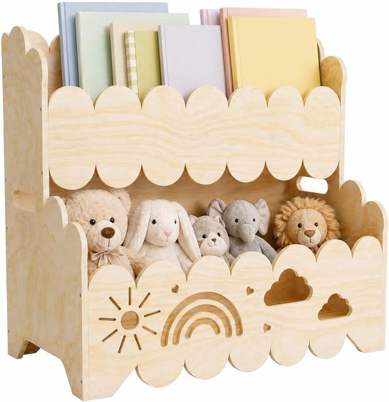 Foto: Kinder boekenkast peuter boekenrek boeken opslag montessori design 2 niveaus houtkleurig