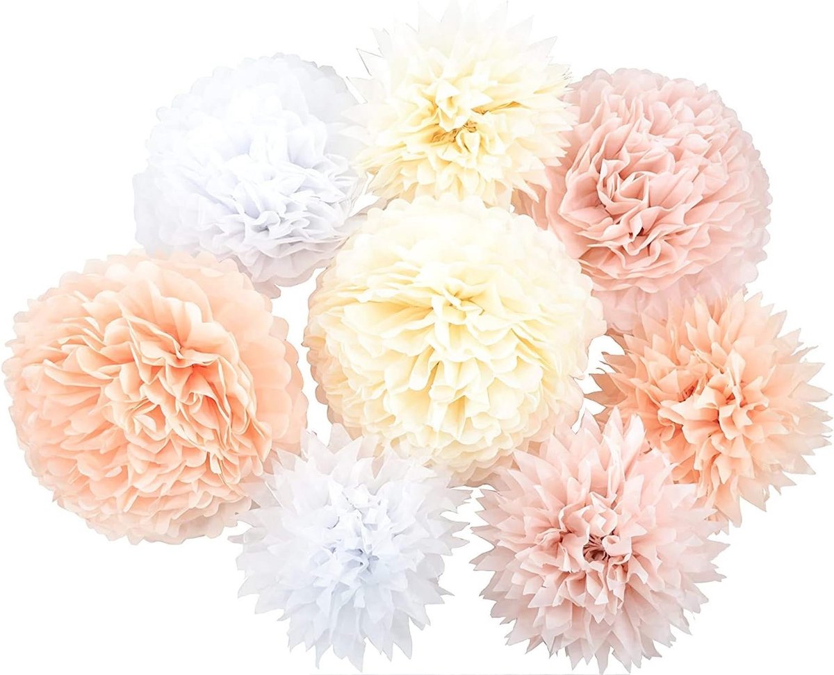 Set van 8 Zijde Papieren Bloemen met Kwastjes in Wit, Roze, Abrikoos en Champagne voor Feestdecoratie, Bruiloft en Kerstmis