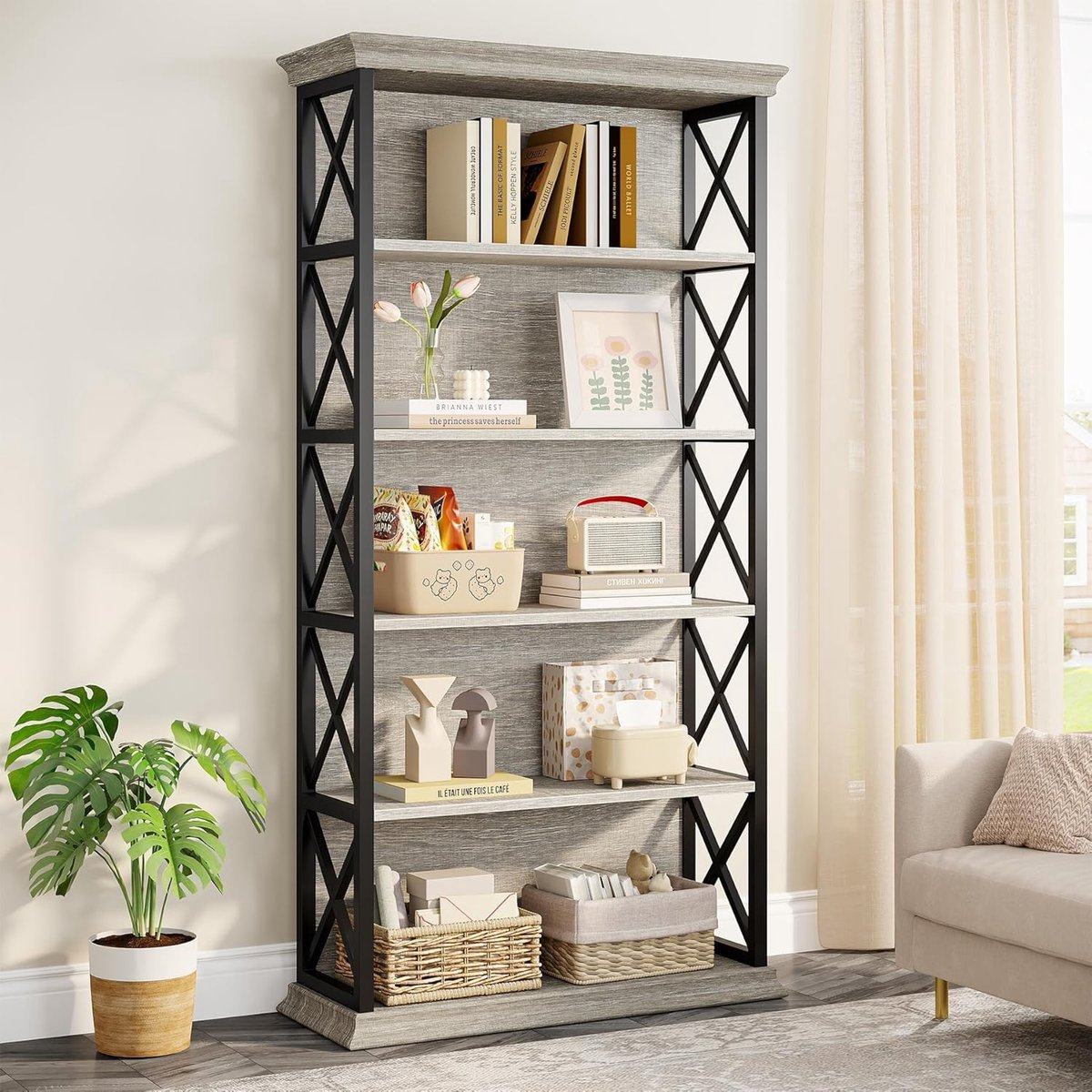 Boekenkast industrieel 180 cm hoog – House&Garden Open Boekenkast met 6 planken & metalen frame – Stabiel staand rek met X-patroon design – Grijs modern opbergrek voor woonkamer & kantoor