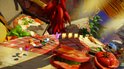 Rayman, Globox en andere Lum's rennen over een tafel met pizza en tomaten, op een rood-wit geblokt kleed.