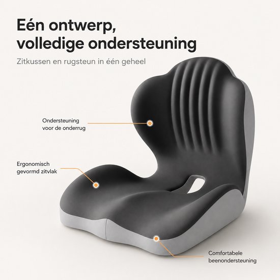 Coussin d'assise orthopédique Gloovon® - Contre les maux de dos et du coccyx - Convient pour le bureau, la voiture et la maison - Mousse à mémoire de forme - 44x40x37 cm - Noir