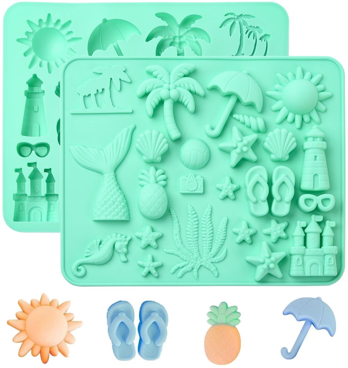 BRENZOOS- Siliconen Mallen 2 Stuks - 25 Holtes - Zeepaardje/Kasteel/Zeester - Anti-aanbaklaag - Voor Snoep/Chocolade/Fondant - Afmetingen 216x175x15 mm - Bakvorm