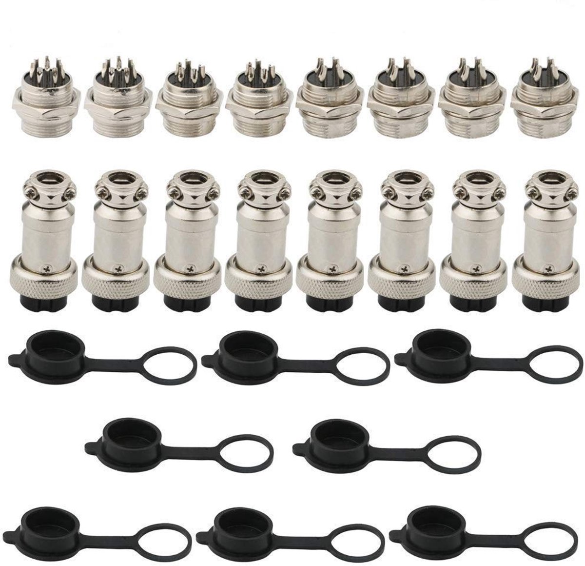 Dailygoods - 24-delige Metaal Aviation Plug Set - 16mm, 4 Pin & Rubber Beschermkappen