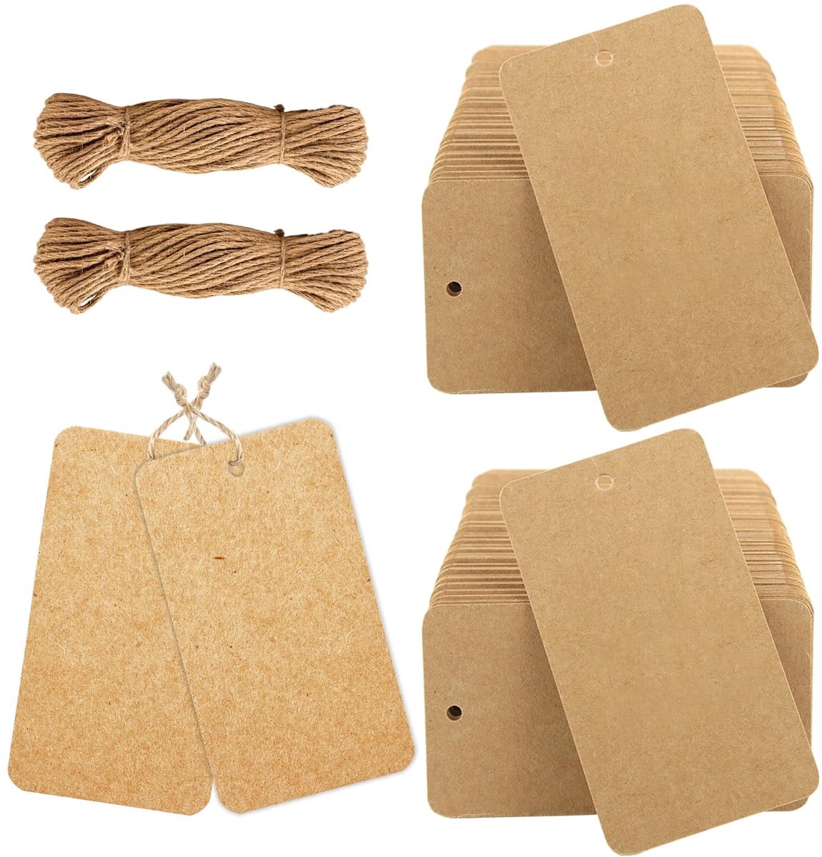 Dailygoods- Cadeaulabels 200 Stuks - Kraftpapier 9 x 5cm - Extra Dik 300g/m² - Bruin - Beschrijfbaar - Jute Touw - Label