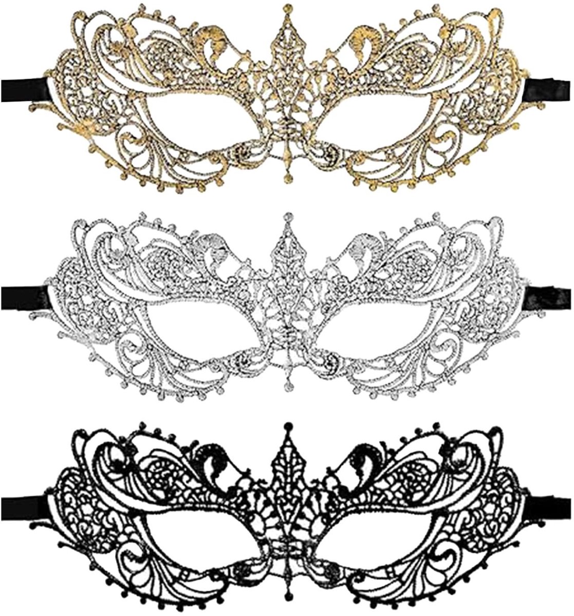 Dailygoods- Masker 3 Stuks - Venetiaans Gezichtsmasker - Kant - Feestmasker - Halloween - Kostuumaccessoires - Zachte Pasvorm