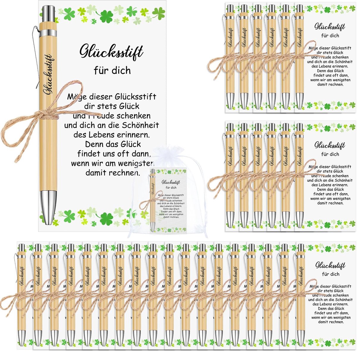Dailygoods- Gelukscadeauset 30 Stuks - Houten Balpennen met Gravure - Organza Zakjes - Inspirerende Kaarten - Elegante Verpakking - Perfect voor Collega's - Cadeauset
