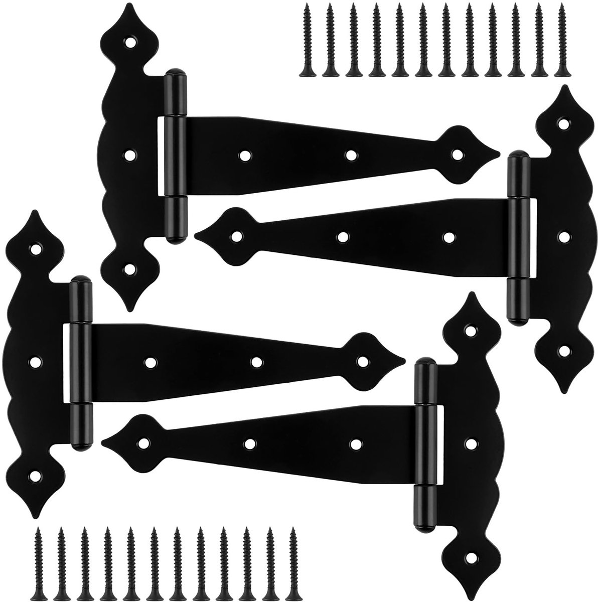 Dailygoods- Kruisscharnier Set van 4 - Zwart - T-scharnieren - 200 mm - Roestbestendig - Voorgeboorde gaten - Inclusief 24 schroeven - Deurscharnier