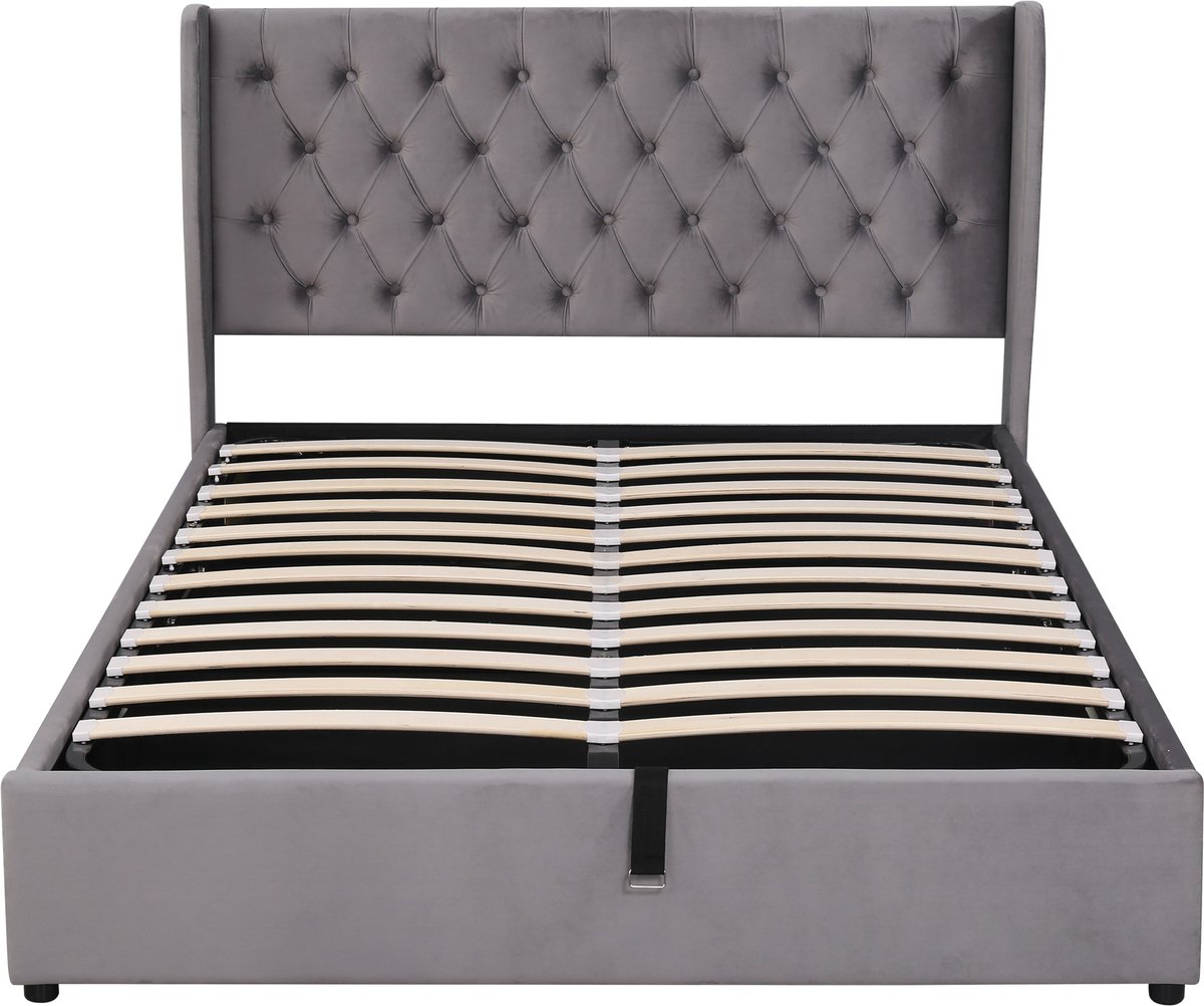 Grijs fluweel hout staal opberg tweepersoonsbed voor slaapkamer 197×146×99CM
