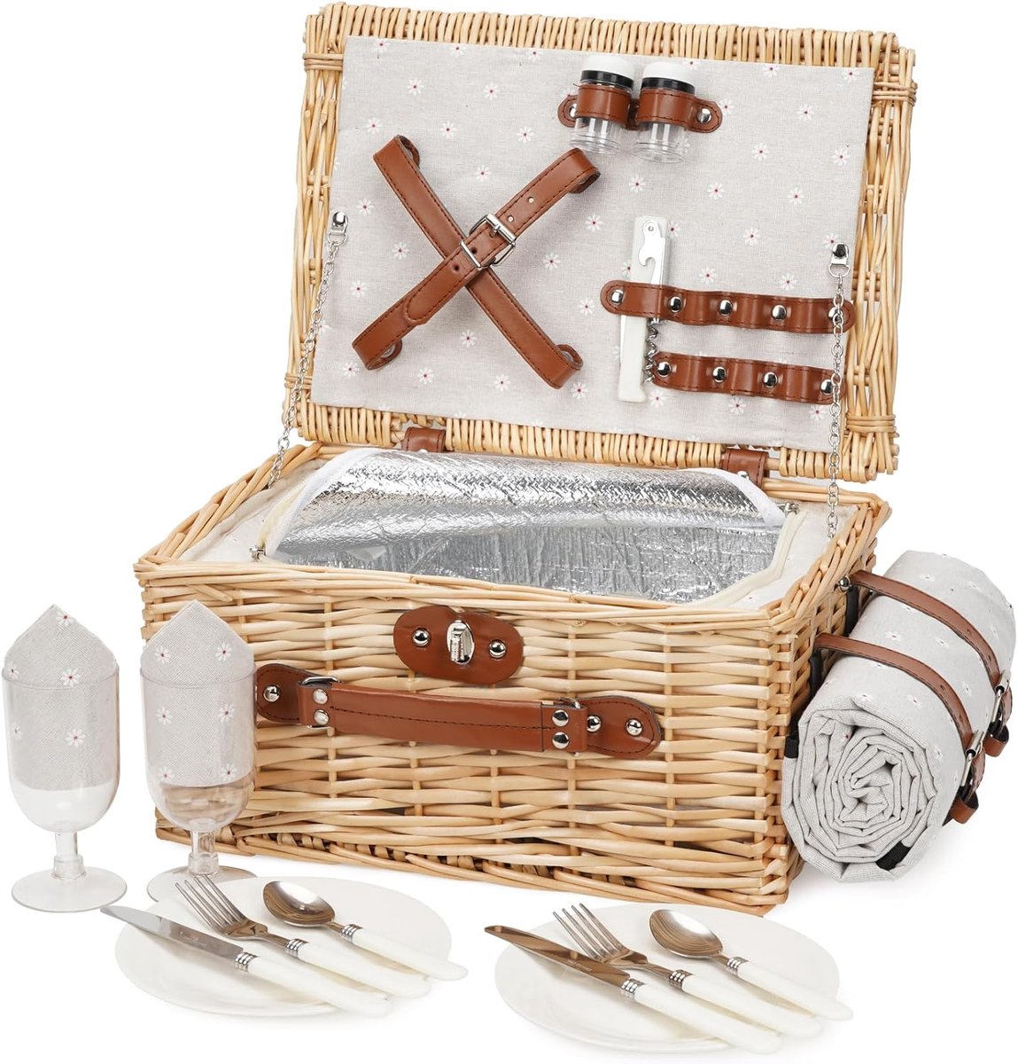 Picknickmand met Koelvak en Waterdichte Picknickdeken voor 2 Personen - Picknick Mandje - Boodschappenmand - Fruitmand - Winkelmand - Leer / Wilgenhout - Witte Bloem - 19 x 27 x 19 cm - van Imperatoris