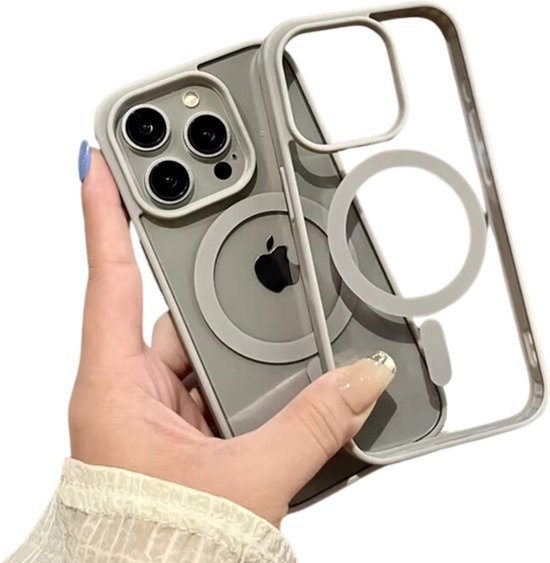 Grijze hoes voor iPhone 14 Pro Max, met MagSafe ring en Apple logo, getoond met een transparante rand.